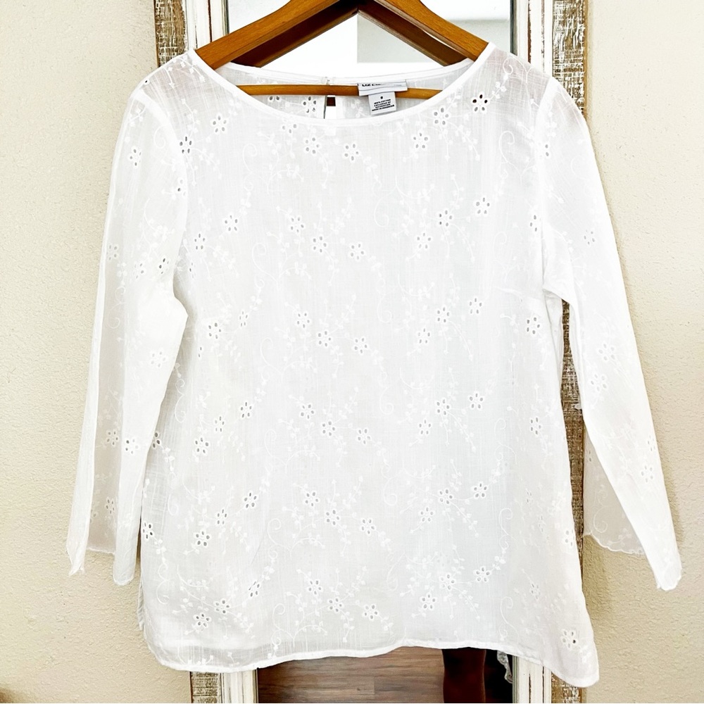 White Long Sleeve Blouse Eyelet Embroidery S